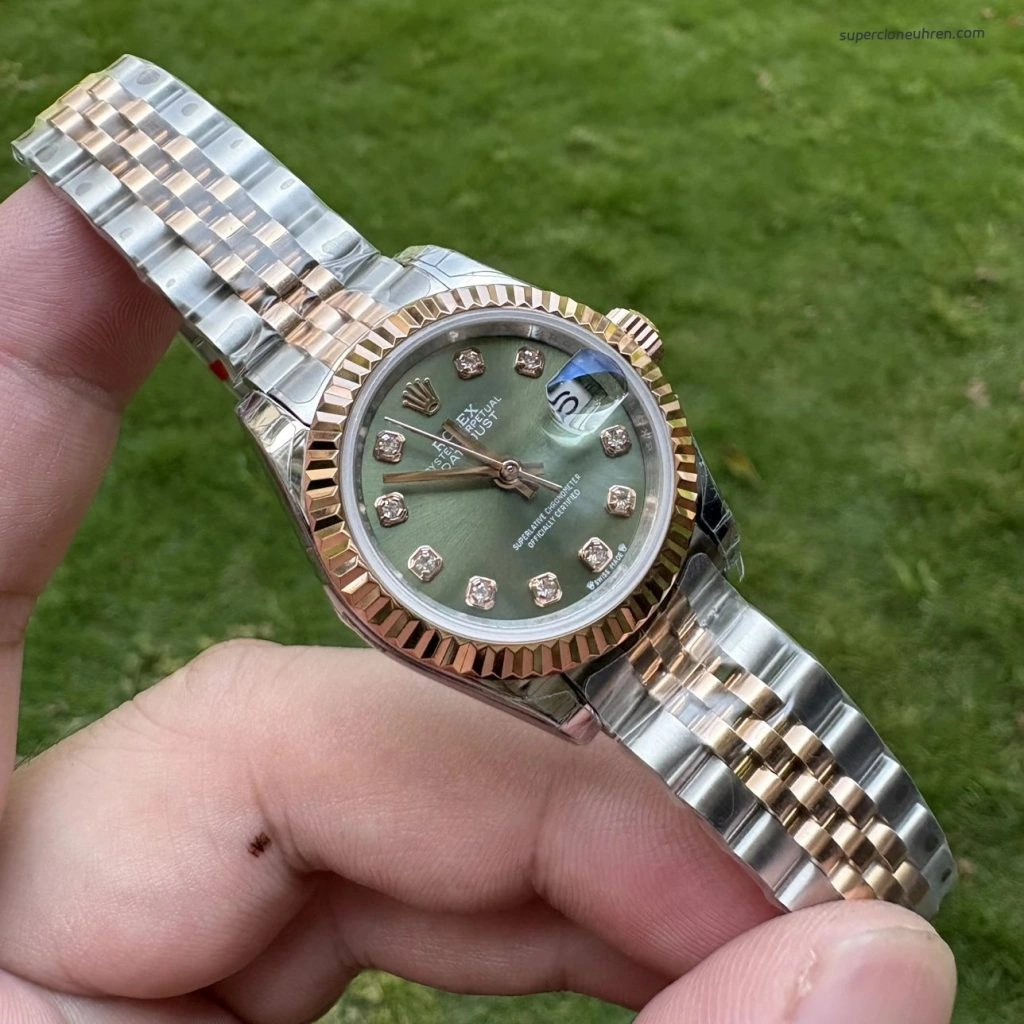Premium Replica Uhr Rolex Datejust m279171-0007 Roségold-Grün 28mm