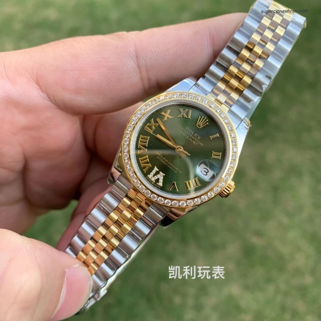 Premium Replica Uhr Rolex Datejust 31 178383-0005VI gruenes Zifferblatt mit Diamantbesatz 31mm