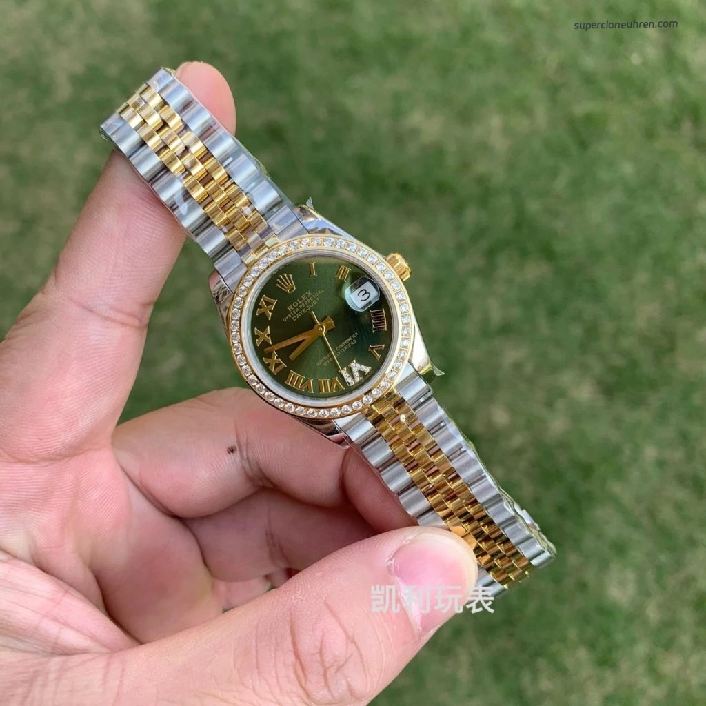 Premium Replica Uhr Rolex Datejust 31 178383-0005VI gruenes Zifferblatt mit Diamantbesatz 31mm