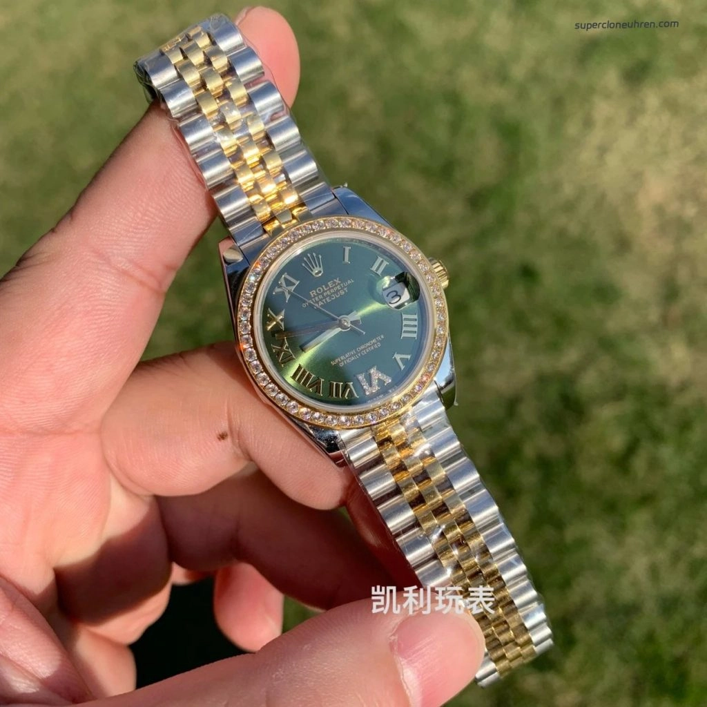 Premium Replica Uhr Rolex Datejust 31 178383-0005VI gruenes Zifferblatt mit Diamantbesatz 31mm