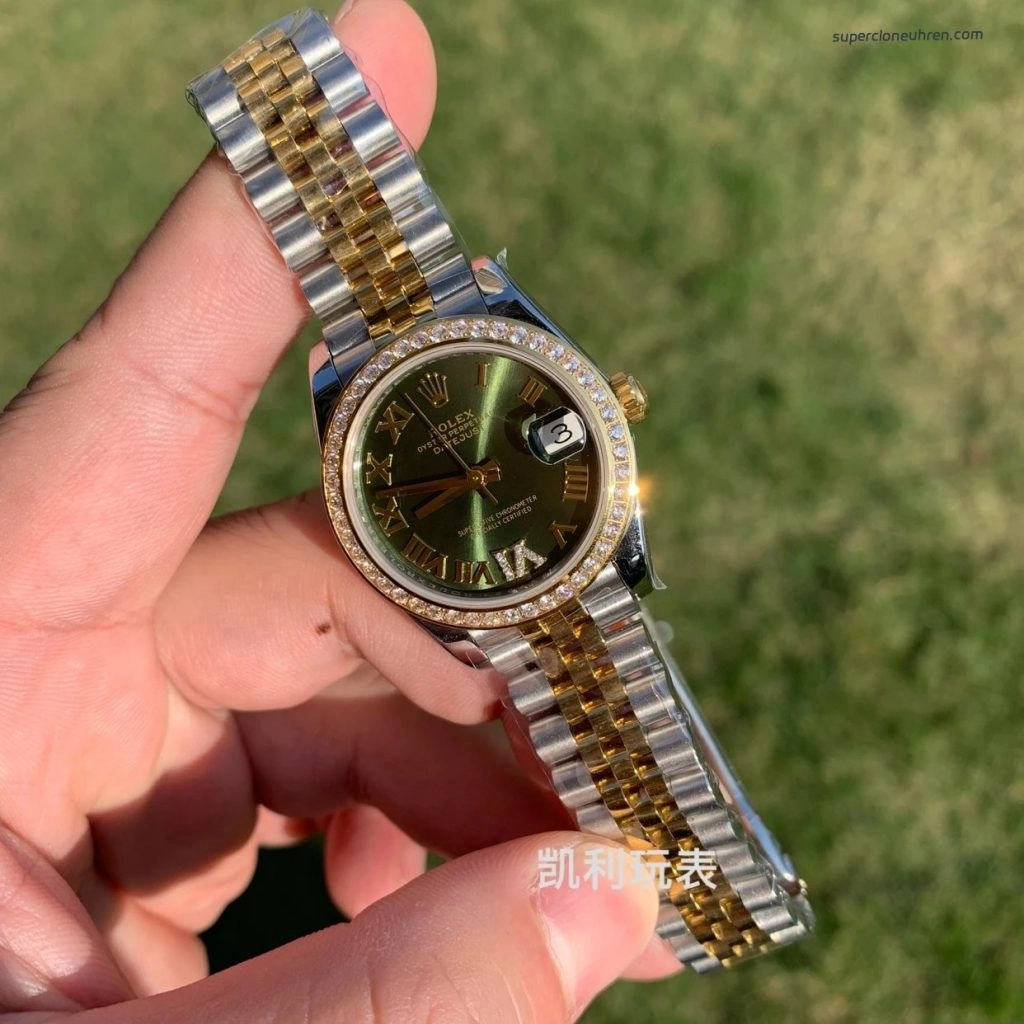 Premium Replica Uhr Rolex Datejust 31 178383-0005VI gruenes Zifferblatt mit Diamantbesatz 31mm
