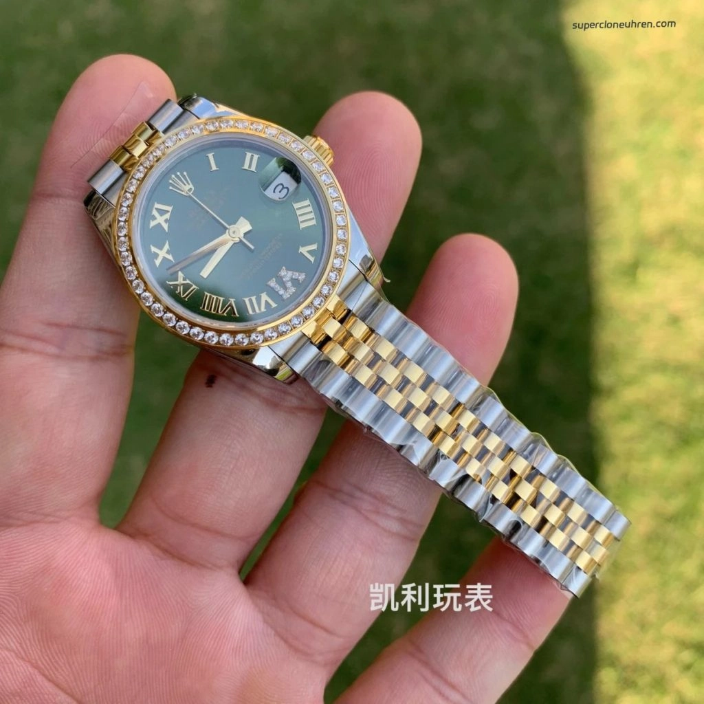 Premium Replica Uhr Rolex Datejust 31 178383-0005VI gruenes Zifferblatt mit Diamantbesatz 31mm