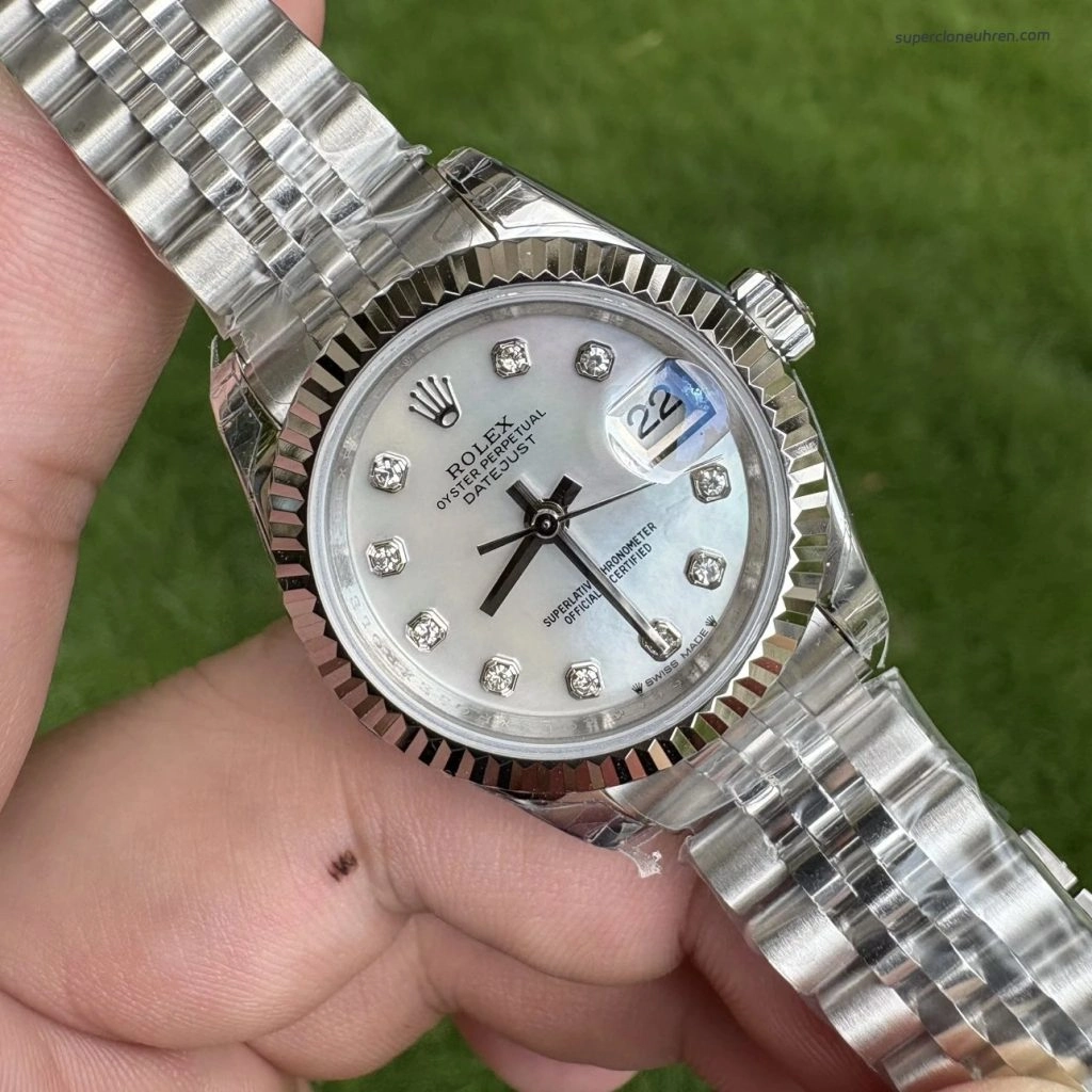 Premium Replica Uhr Rolex Datejust m279174-0009 Perlmuttzifferblatt mit Diamantbesatz 28mm
