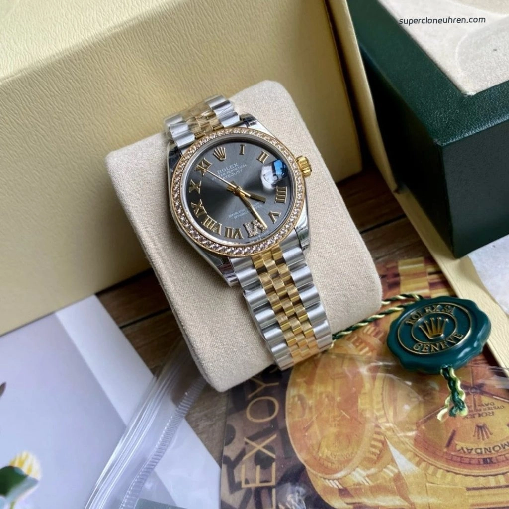 Premium Replica Uhr Rolex Datejust m278383rbr-0018 grau mit Diamantlünette und römischen Ziffern 31mm