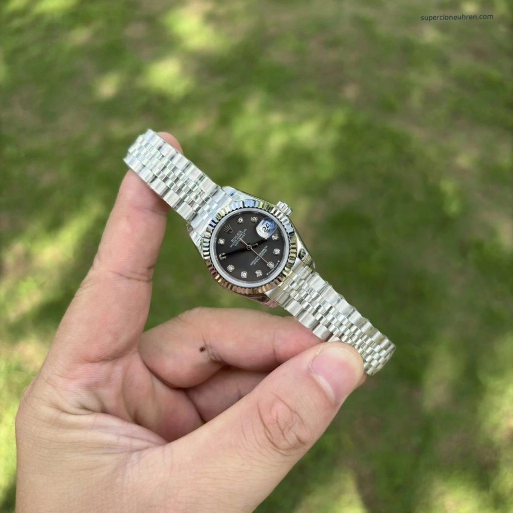 Premium Replica Uhr Rolex Lady-Datejust m279174-0015 graues Zifferblatt mit Diamanten 28 mm