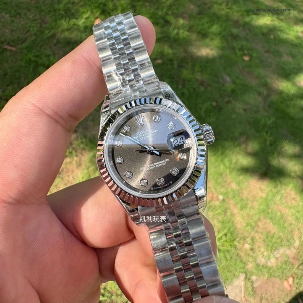 Premium Replica Uhr Rolex Lady-Datejust m279174-0015 graues Zifferblatt mit Diamanten 28 mm
