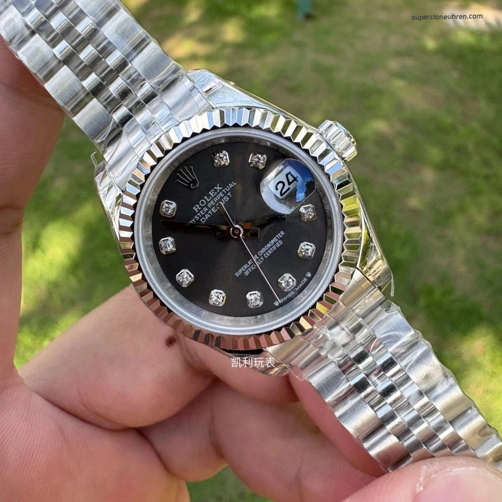 Premium Replica Uhr Rolex Lady-Datejust m279174-0015 graues Zifferblatt mit Diamanten 28 mm