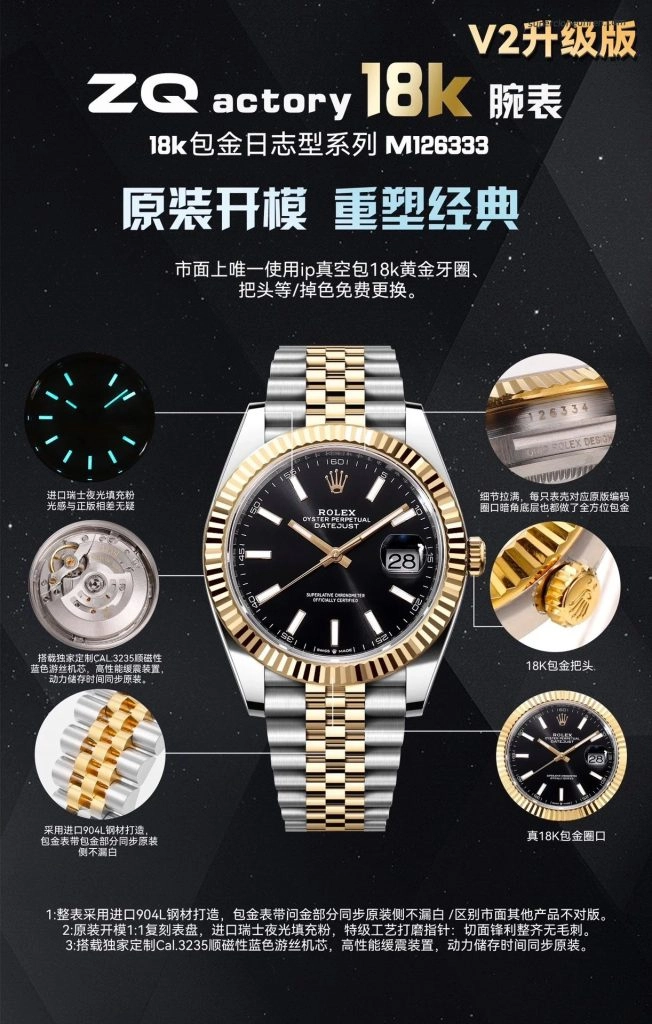 1:1 Super Clone Uhr Rolex Datejust 41 126333-0014 Zweifarbig 18K Gold Jubilé-Band 41mm