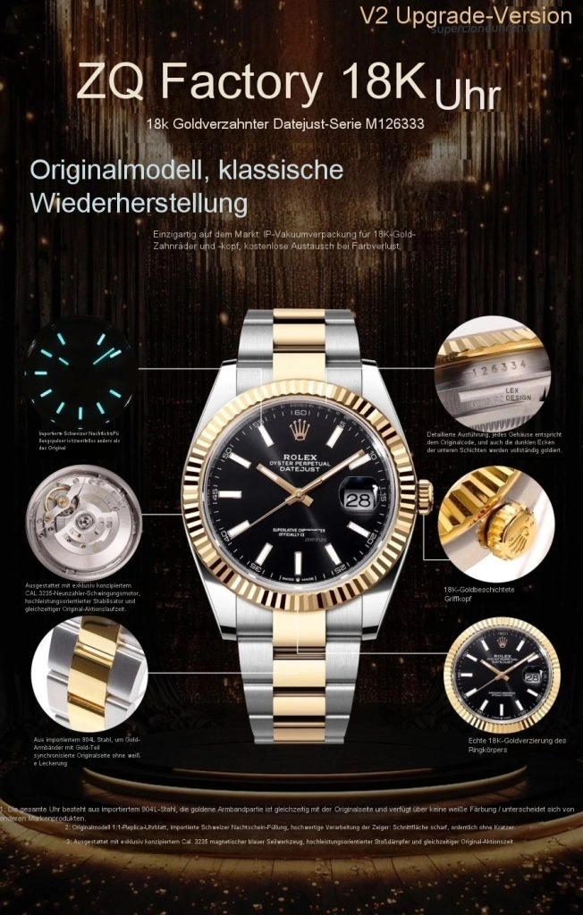 Premium Replica Uhr Rolex Datejust 41 m126333-0013 mit schwarzem Zifferblatt und Gold-Stahl 41mm