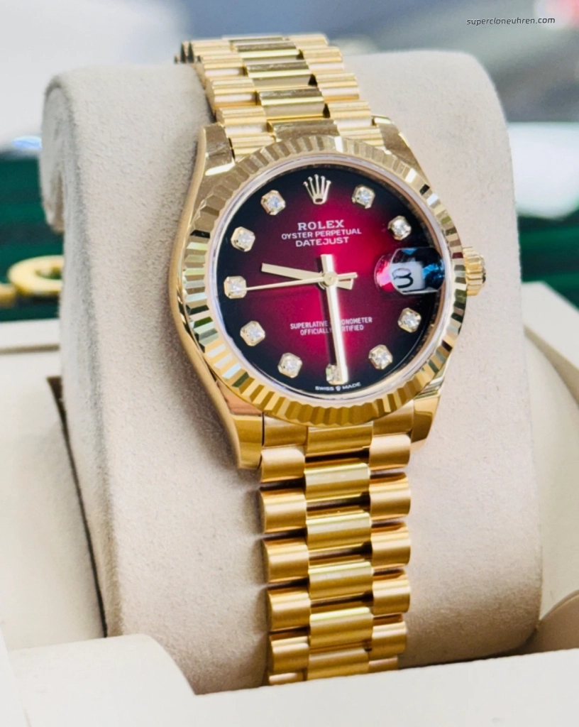 Premium Replica Uhr Rolex Datejust 31 278278-0049 Gold mit rotem Verlaufszifferblatt 31mm