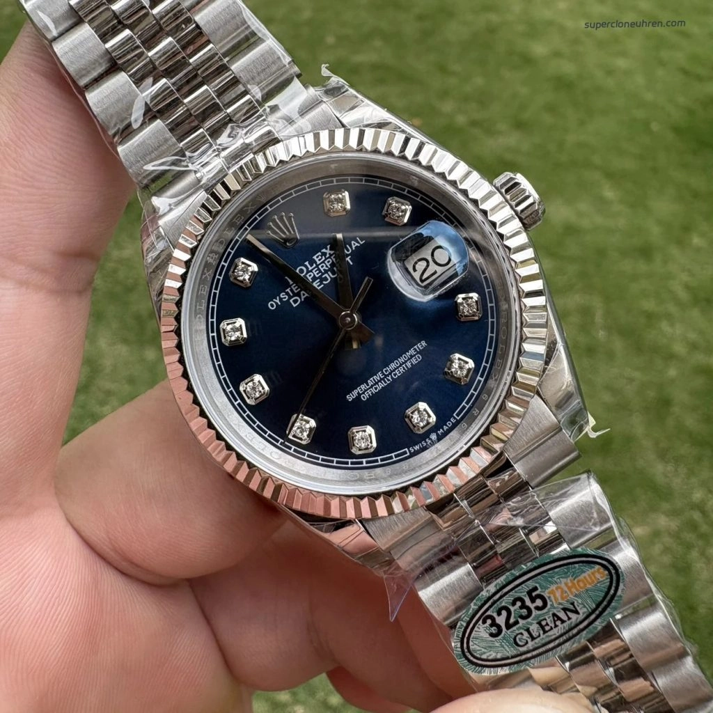 Premium Replica Uhr Rolex Datejust 126234 blaues Zifferblatt mit Diamantindizes 36mm