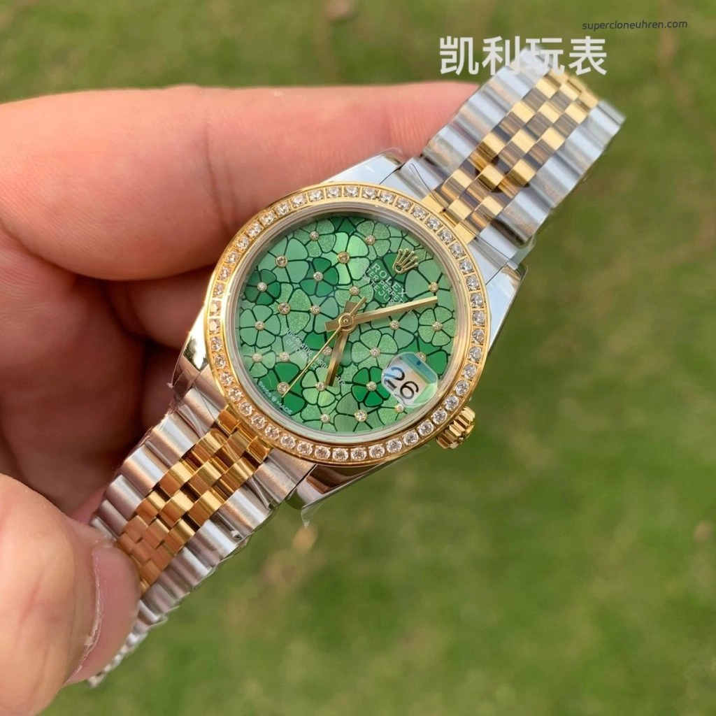 Premium Replica Uhr Rolex Datejust m278383rbr-0032 mit grünem Blumen-Zifferblatt und Diamantlünette 31mm
