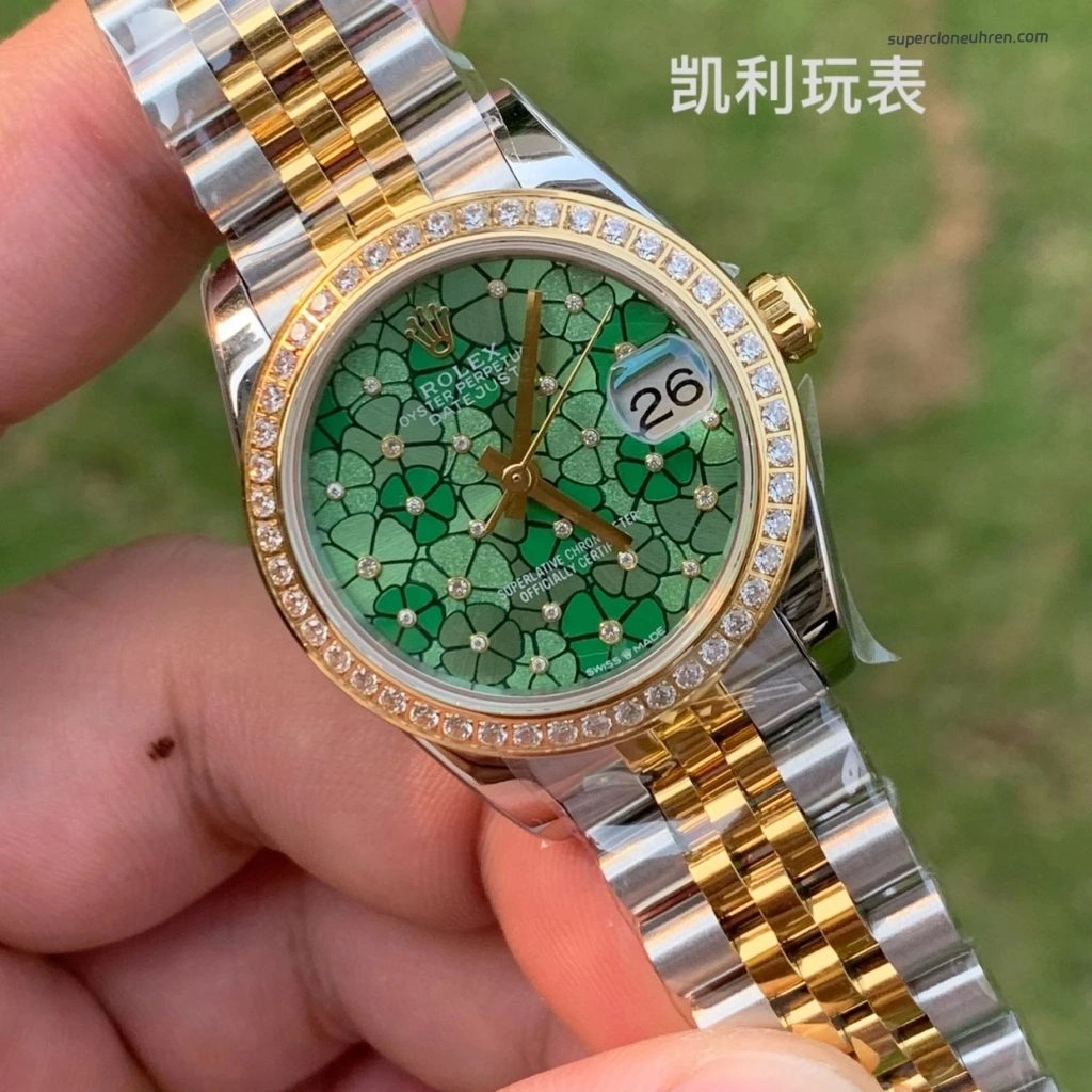 Premium Replica Uhr Rolex Datejust m278383rbr-0032 mit grünem Blumen-Zifferblatt und Diamantlünette 31mm