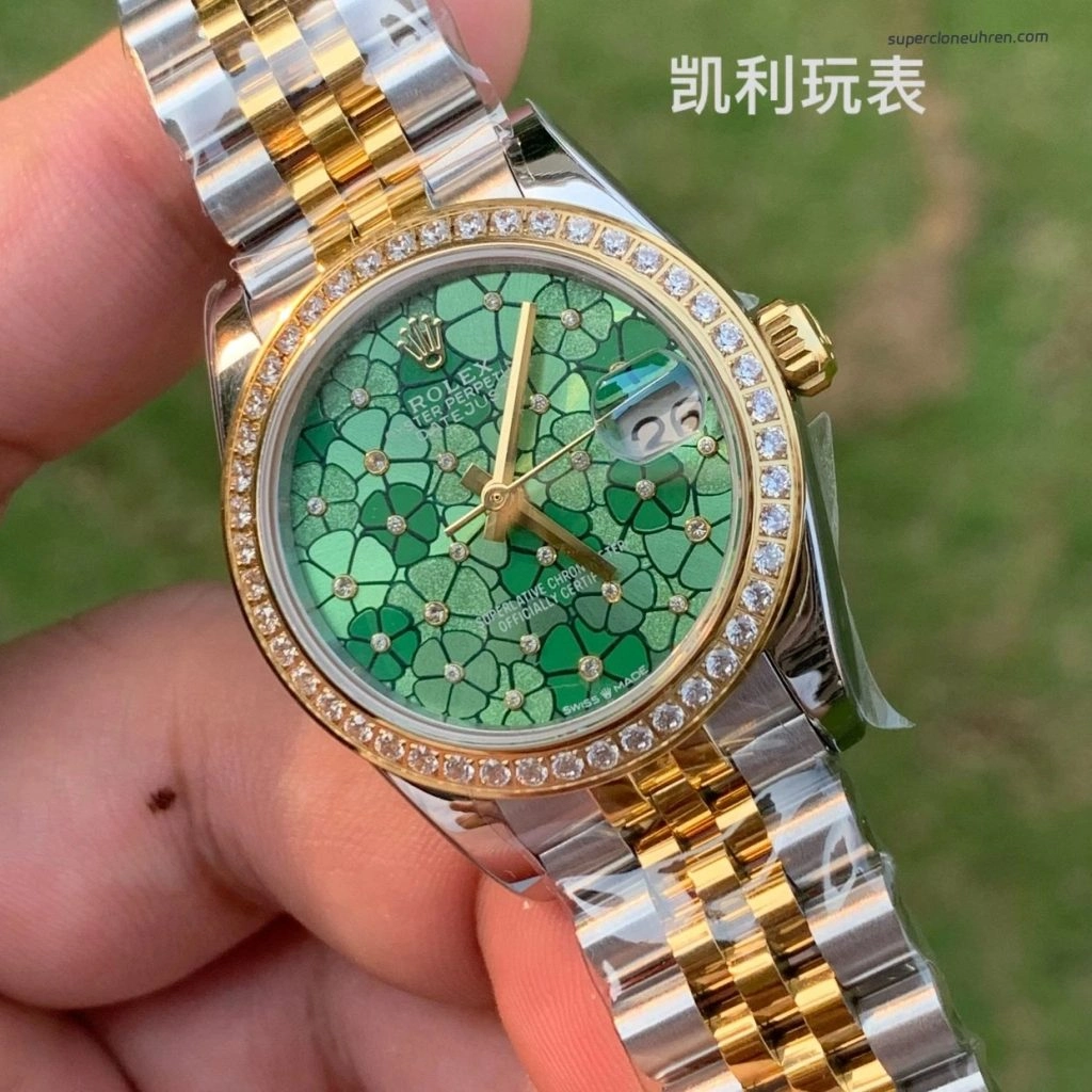 Premium Replica Uhr Rolex Datejust m278383rbr-0032 mit grünem Blumen-Zifferblatt und Diamantlünette 31mm