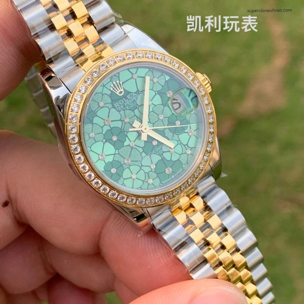 Premium Replica Uhr Rolex Datejust m278383rbr-0032 mit grünem Blumen-Zifferblatt und Diamantlünette 31mm