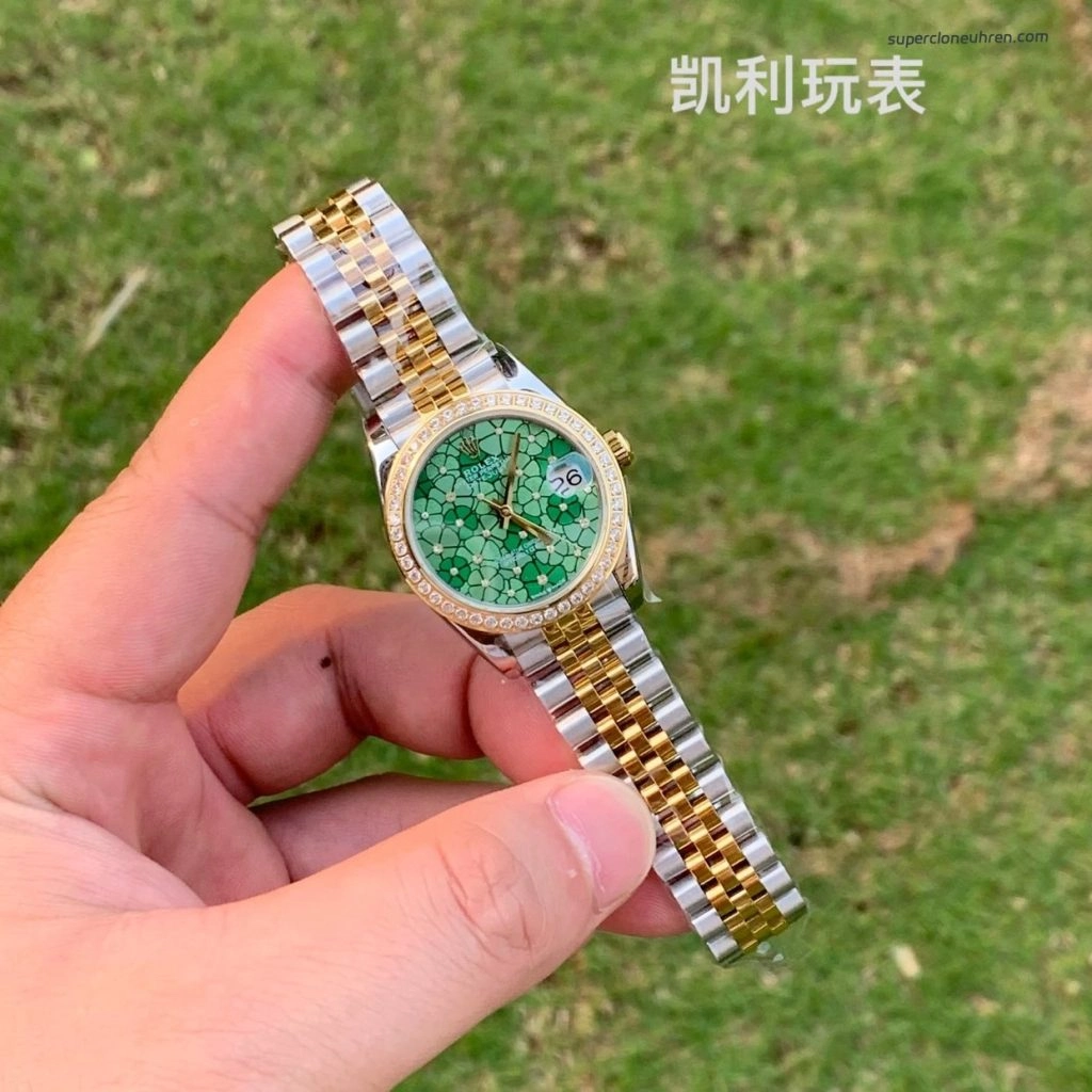 Premium Replica Uhr Rolex Datejust m278383rbr-0032 mit grünem Blumen-Zifferblatt und Diamantlünette 31mm