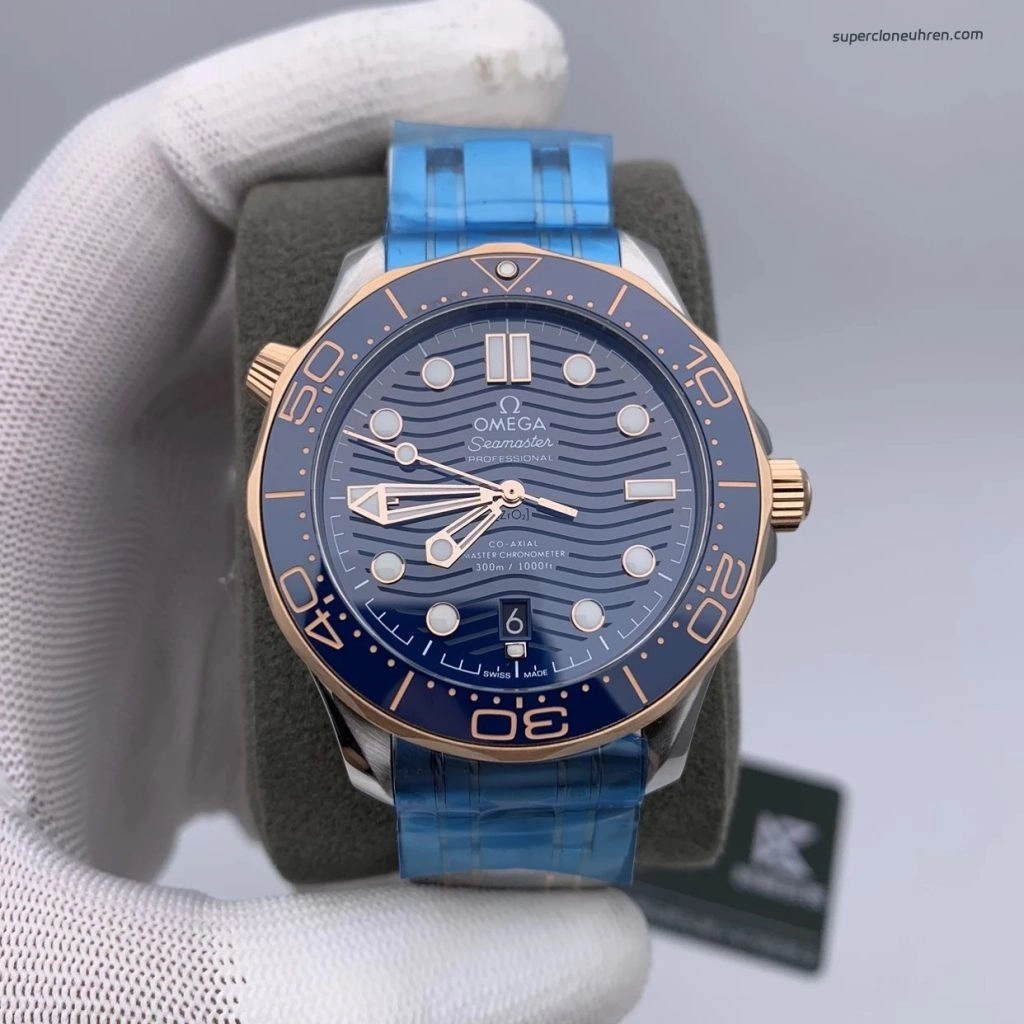 Premium Replica Uhr Omega Seamaster Diver 300M 210.20.42.20.03.002 Blau Roségold 42mm