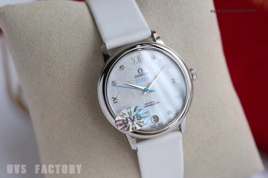 Premium Replica Uhr Omega De Ville 424.12.33.20.55.001 mit weißem Lederband 32,7 mm