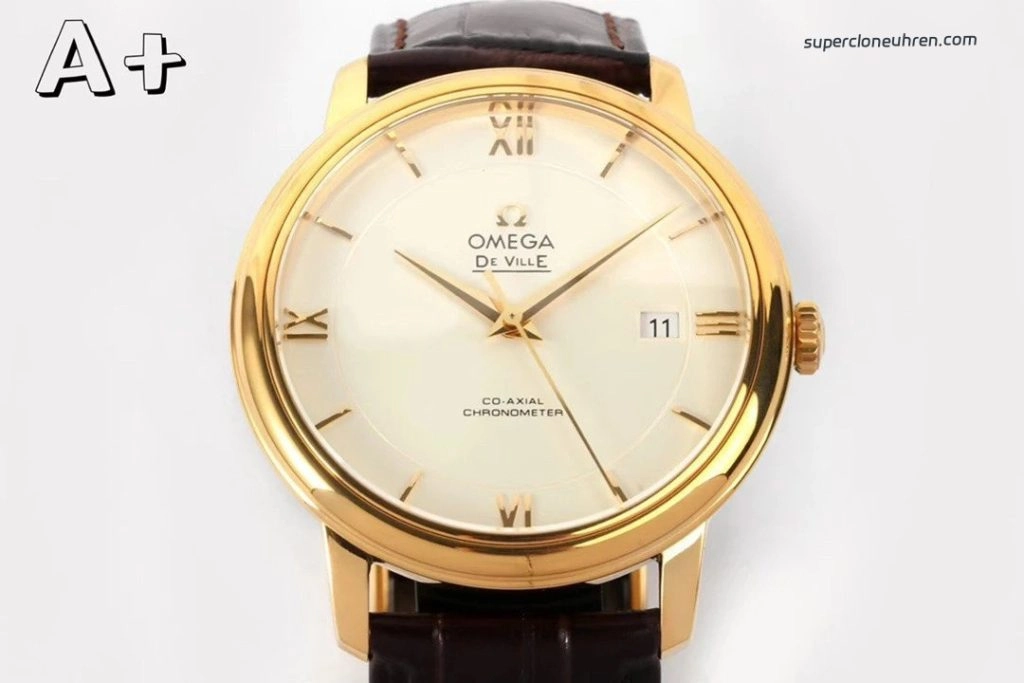 Super Clone Omega De Ville 424.53.40.20.02.002 in Goldoptik mit Lederband 39,5 mm