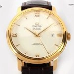 Super Clone Omega De Ville 424.53.40.20.02.002 in Goldoptik mit Lederband 39,5 mm
