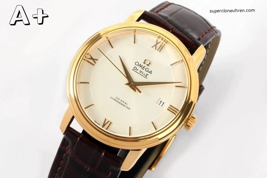 Super Clone Omega De Ville 424.53.40.20.02.002 in Goldoptik mit Lederband 39,5 mm