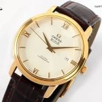 Super Clone Omega De Ville 424.53.40.20.02.002 in Goldoptik mit Lederband 39,5 mm