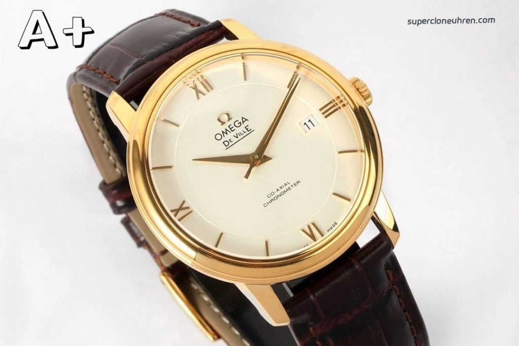Super Clone Omega De Ville 424.53.40.20.02.002 in Goldoptik mit Lederband 39,5 mm