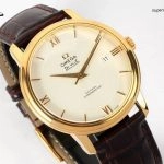 Super Clone Omega De Ville 424.53.40.20.02.002 in Goldoptik mit Lederband 39,5 mm