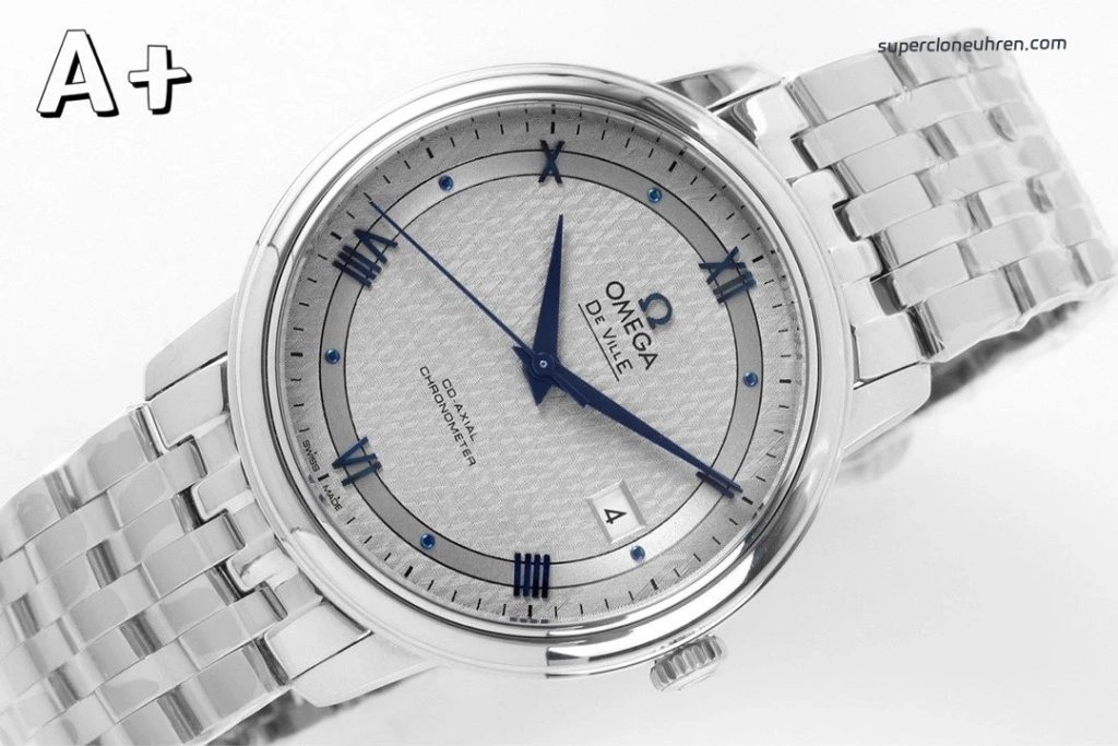 Premium Replica Uhr Omega De Ville Prestige 424.10.40.20.06.002 mit blauen Zeigern und Edelstahlband 39,5 mm