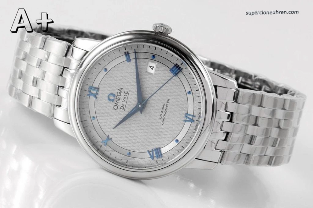 Premium Replica Uhr Omega De Ville Prestige 424.10.40.20.06.002 mit blauen Zeigern und Edelstahlband 39,5 mm