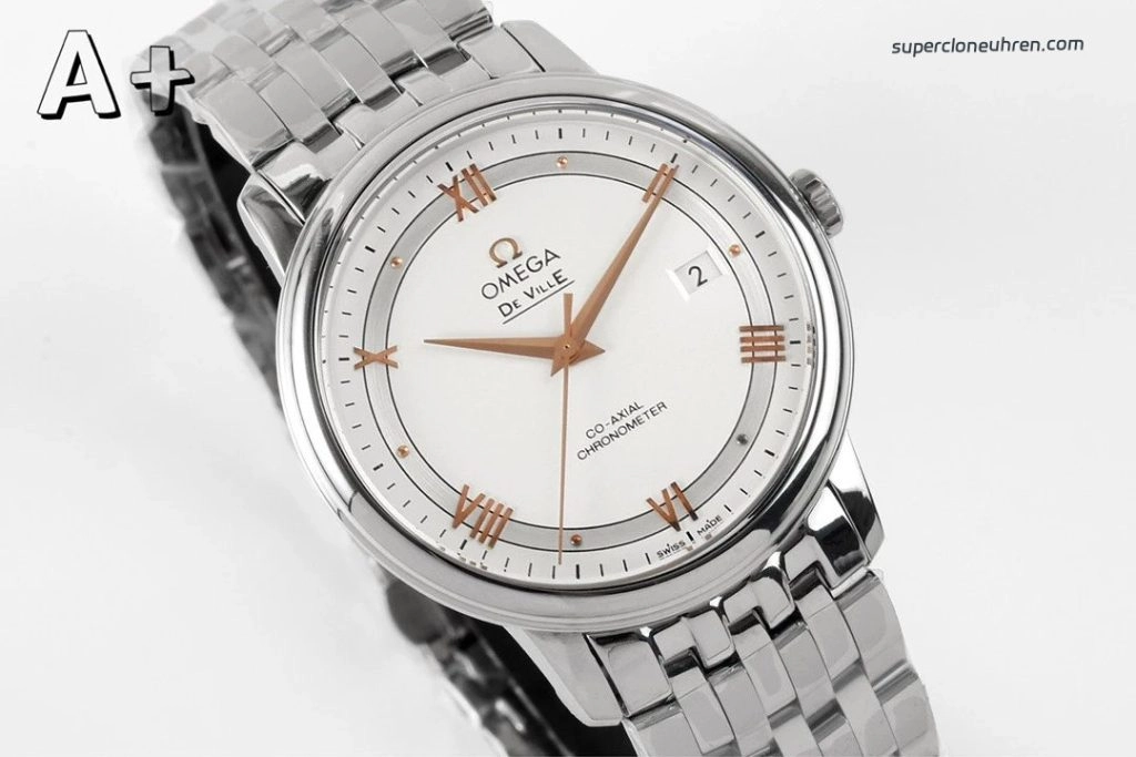 Premium Replica Uhr Omega De Ville 424.10.40.20.02.002 silbernes Zifferblatt mit goldenen Zeigern 39,5 mm
