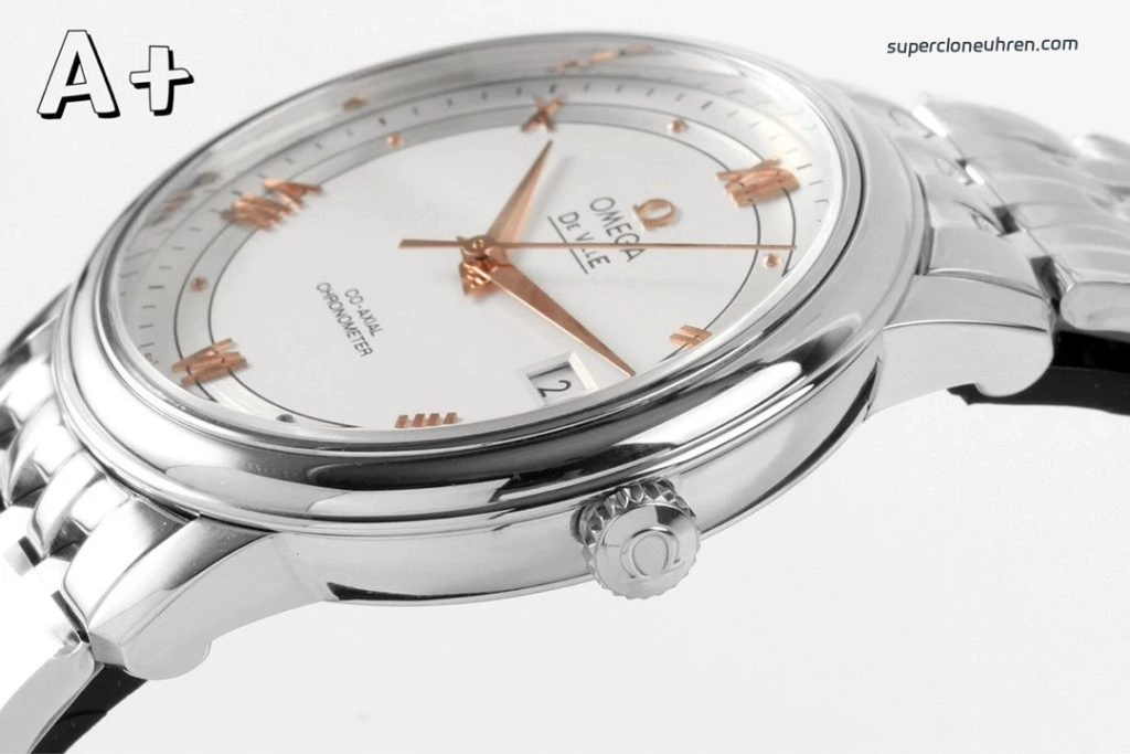 Premium Replica Uhr Omega De Ville 424.10.40.20.02.002 silbernes Zifferblatt mit goldenen Zeigern 39,5 mm