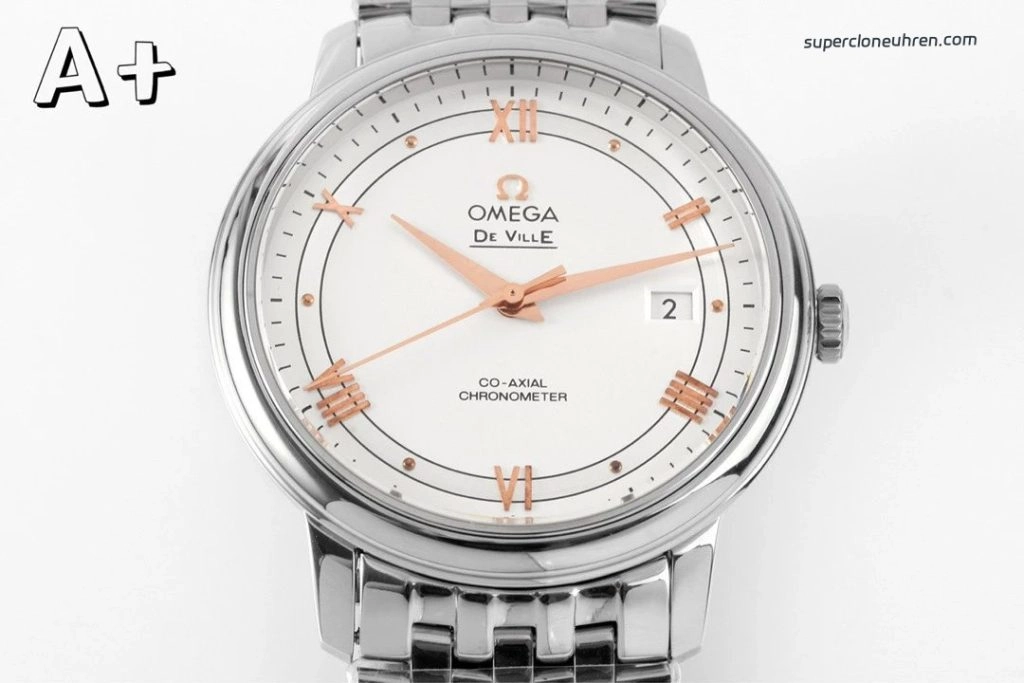 Premium Replica Uhr Omega De Ville 424.10.40.20.02.002 silbernes Zifferblatt mit goldenen Zeigern 39,5 mm