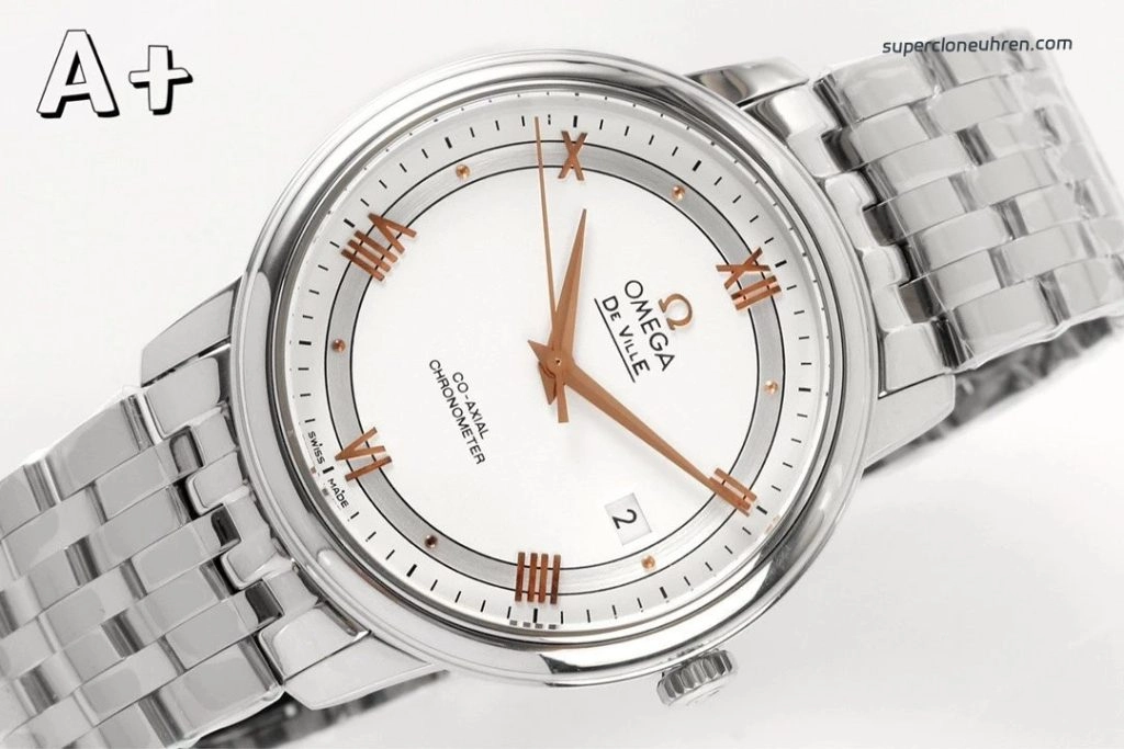Premium Replica Uhr Omega De Ville 424.10.40.20.02.002 silbernes Zifferblatt mit goldenen Zeigern 39,5 mm