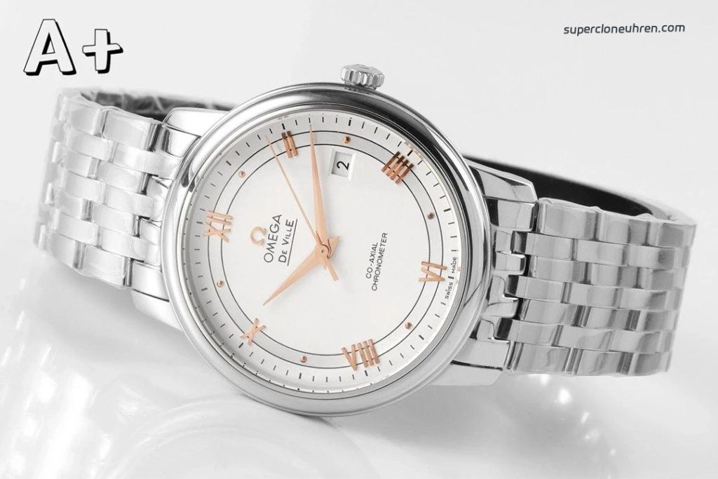 Premium Replica Uhr Omega De Ville 424.10.40.20.02.002 silbernes Zifferblatt mit goldenen Zeigern 39,5 mm