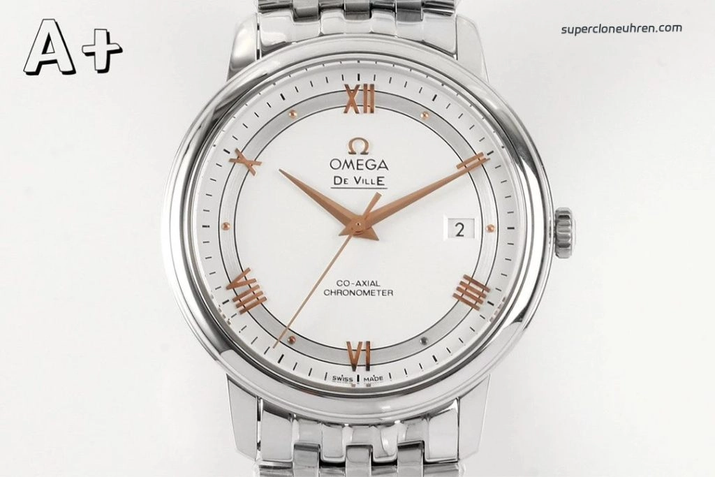 Premium Replica Uhr Omega De Ville 424.10.40.20.02.002 silbernes Zifferblatt mit goldenen Zeigern 39,5 mm