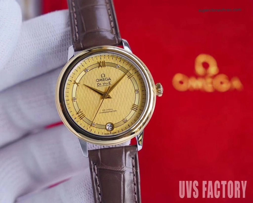 Premium Replica Uhr Omega De Ville 424.23.33.20.58.001 Bicolor mit Lederband 32,7 mm