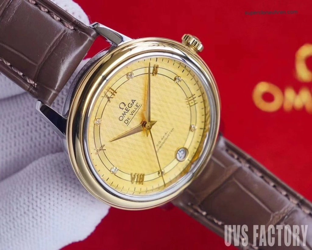 Premium Replica Uhr Omega De Ville 424.23.33.20.58.001 Bicolor mit Lederband 32,7 mm