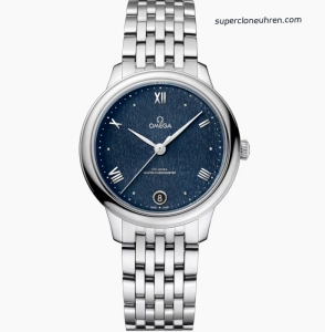 Premium Replica Uhr Omega De Ville Prestige 434.10.34.20.03.002 blaues Zifferblatt Edelstahlband 34mm