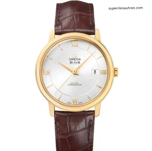 Super Clone Omega De Ville 424.53.40.20.02.002 in Goldoptik mit Lederband 39,5 mm