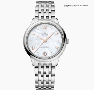 Premium Replica Uhr Omega De Ville 434.10.34.20.05.001 Perlmutt-Zifferblatt mit goldfarbenen Zeigern 34 mm