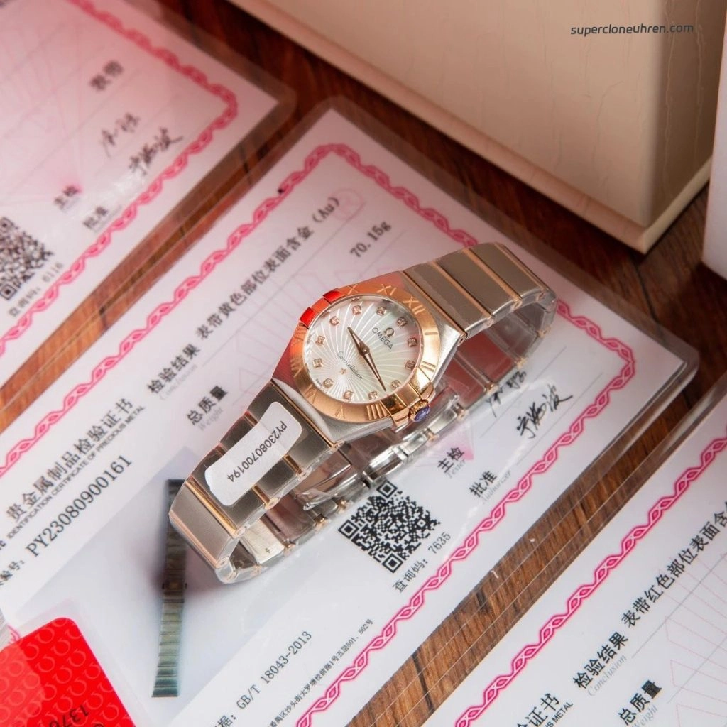 Premium Replica Uhr Omega Constellation 123.25.27.60.55.008 Bicolor mit Diamantbesatz 27mm