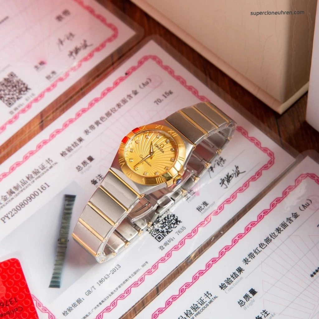 Premium Replica Uhr Omega Constellation 123.20.27.60.58.001 Bicolor mit Diamantbesatz 27mm