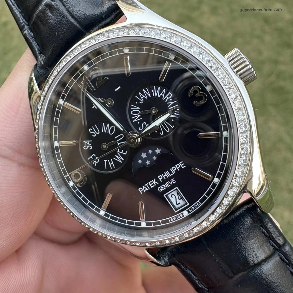 Premium Replica Uhr Patek Philippe Komplikationen 5147G-001 mit Diamantlünette 39mm
