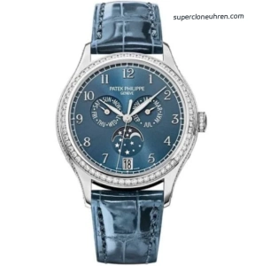Premium Replica Uhr Patek Philippe Komplizierte Uhren 4947G-001 blaues Zifferblatt mit Diamantbesatz 38mm