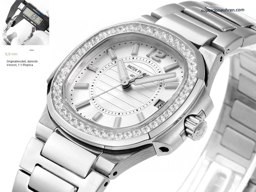 Premium Replica Uhr Patek Philippe Nautilus 7010-1g-001 aus Edelstahl mit Diamantbesatz 32mm
