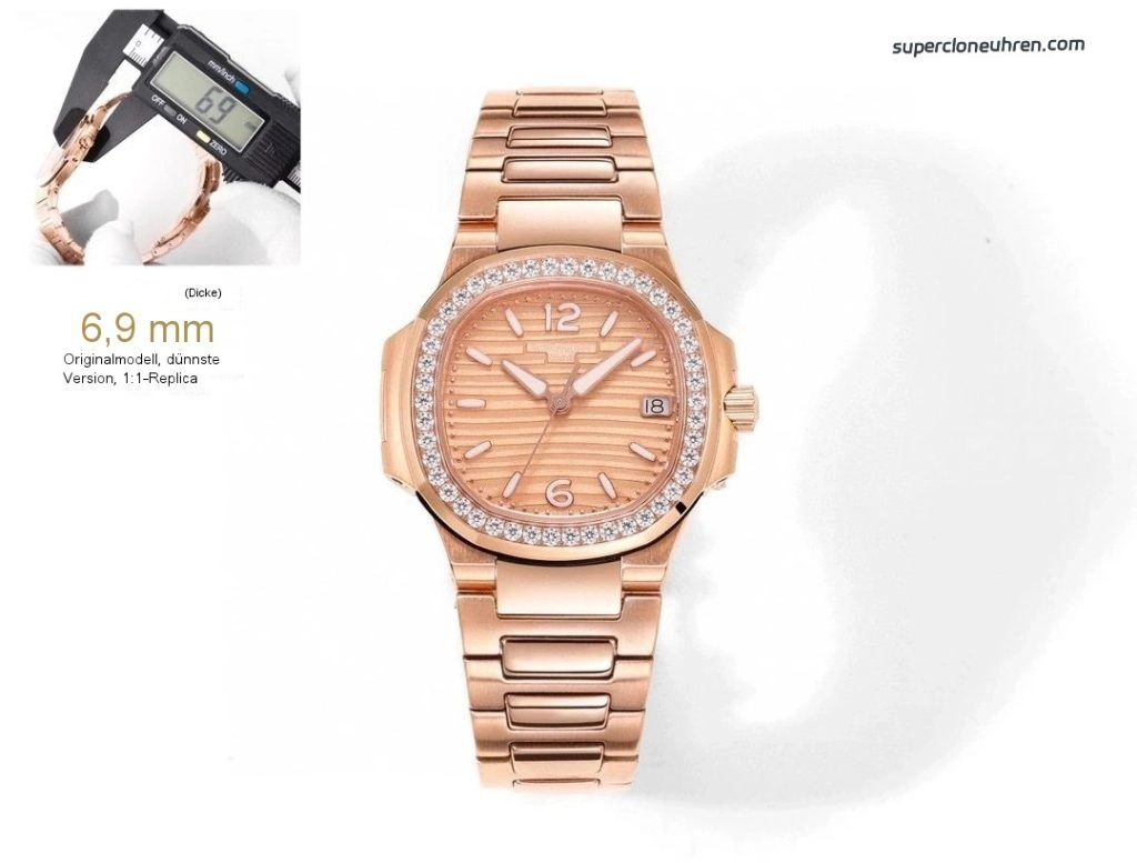 Premium Replica Uhr Patek Philippe Nautilus 7010/1R-012 Roségold mit Diamantbesatz 32 mm