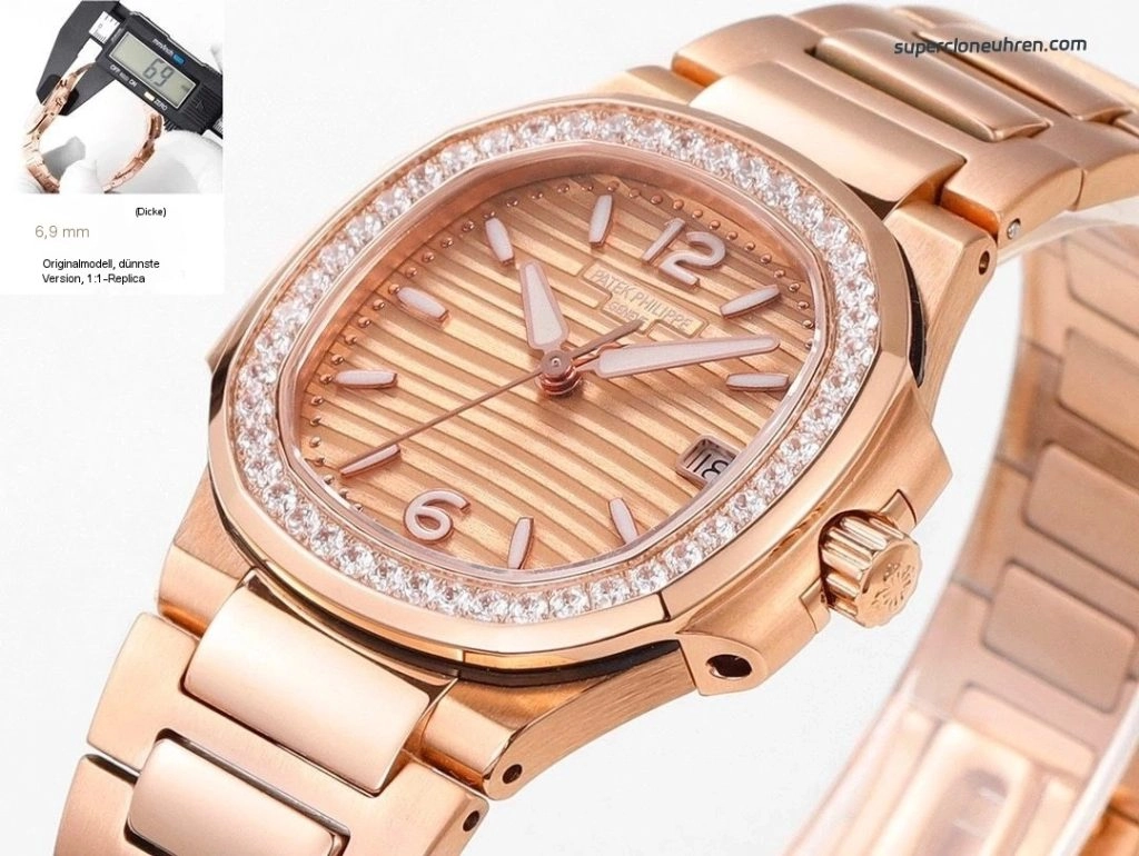 Premium Replica Uhr Patek Philippe Nautilus 7010/1R-012 Roségold mit Diamantbesatz 32 mm