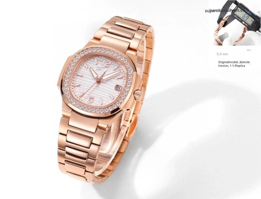 Premium Replica Uhr Patek Philippe Nautilus 7010/1R-011 Roségold mit Diamantbesatz 32 mm