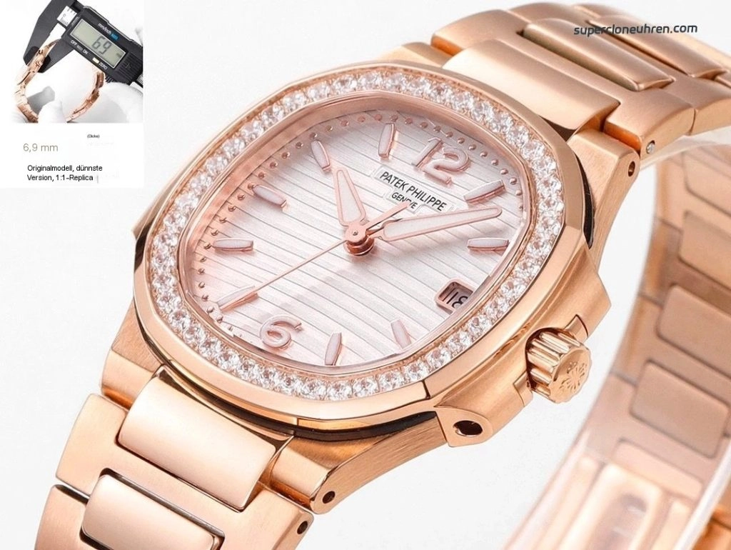 Premium Replica Uhr Patek Philippe Nautilus 7010/1R-011 Roségold mit Diamantbesatz 32 mm
